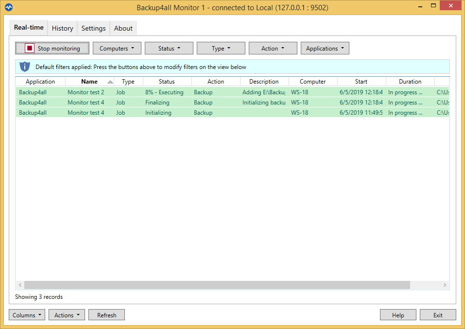 Backup4all Monitor - Real time tab Backup4all Monitor - Real time tab