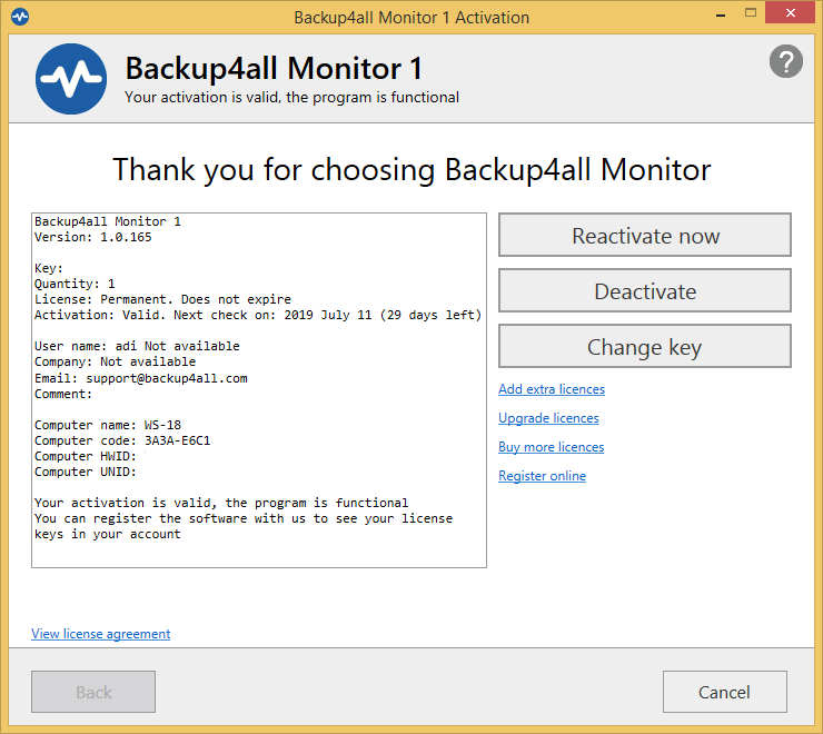 Backup4all Monitor - online deactivation Backup4all Monitor - online deactivation